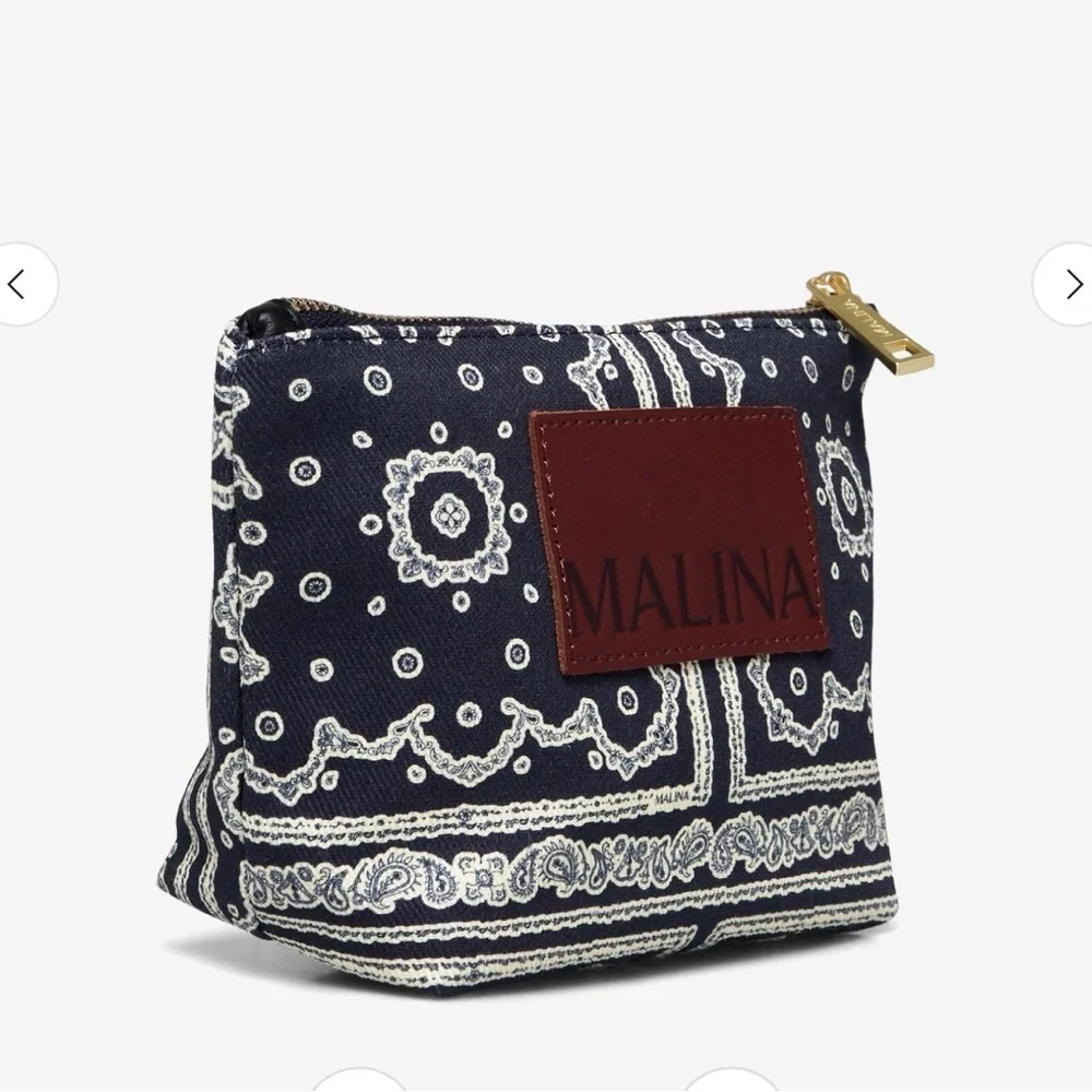 Malina Navy Bandana Print Cosmetic Pouch with Leather Logo